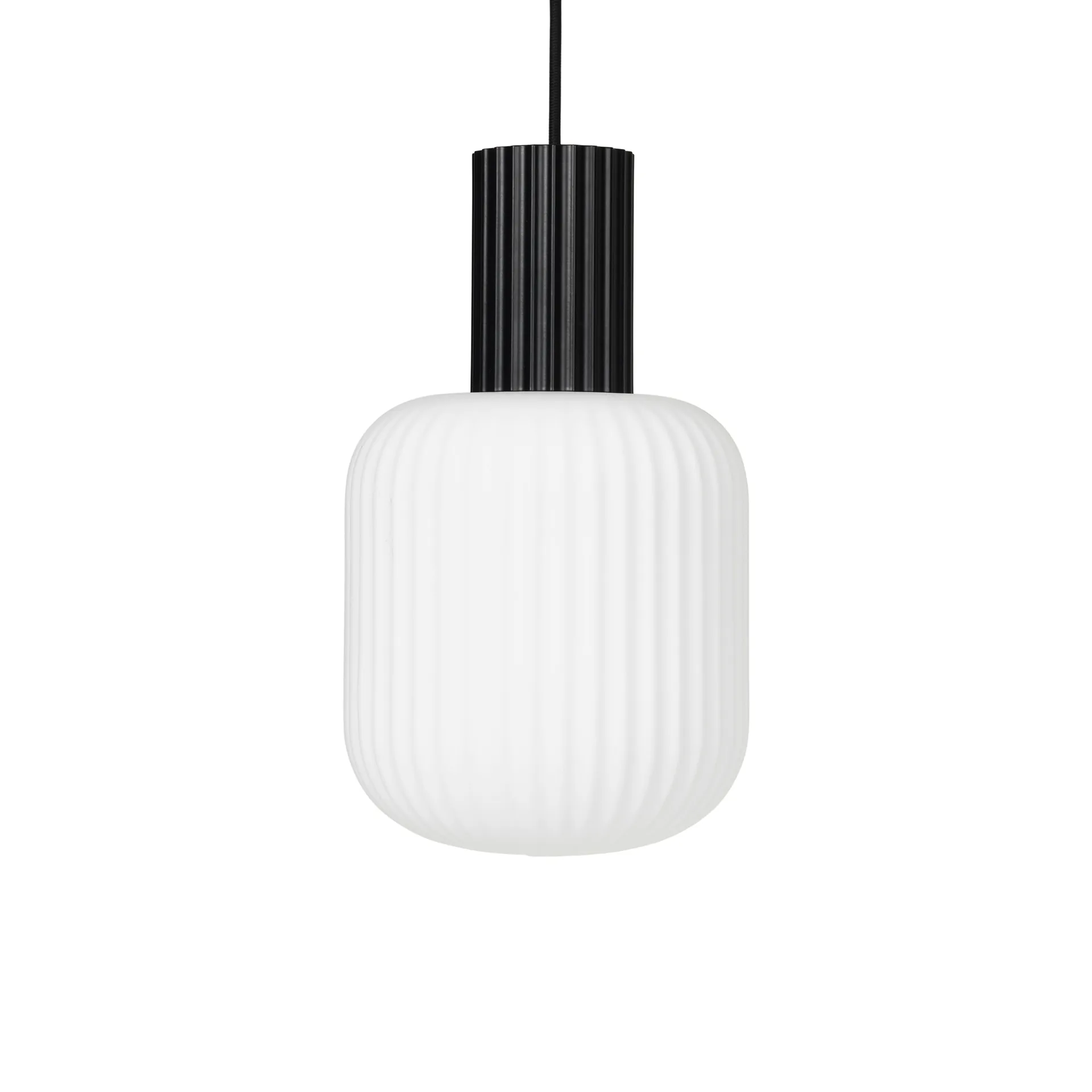 Pendellampe Broste Copenhagen Lolly sort/hvid metal glas Ø20 x H34 cm med E14 fatning 25W