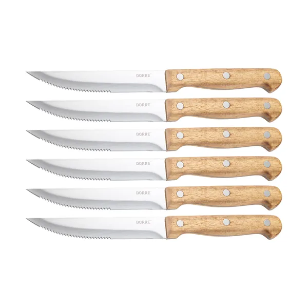 BBQ stekkniv, Rostfritt stål, 6-pack, trälåda akacia, 22,5x2 cm