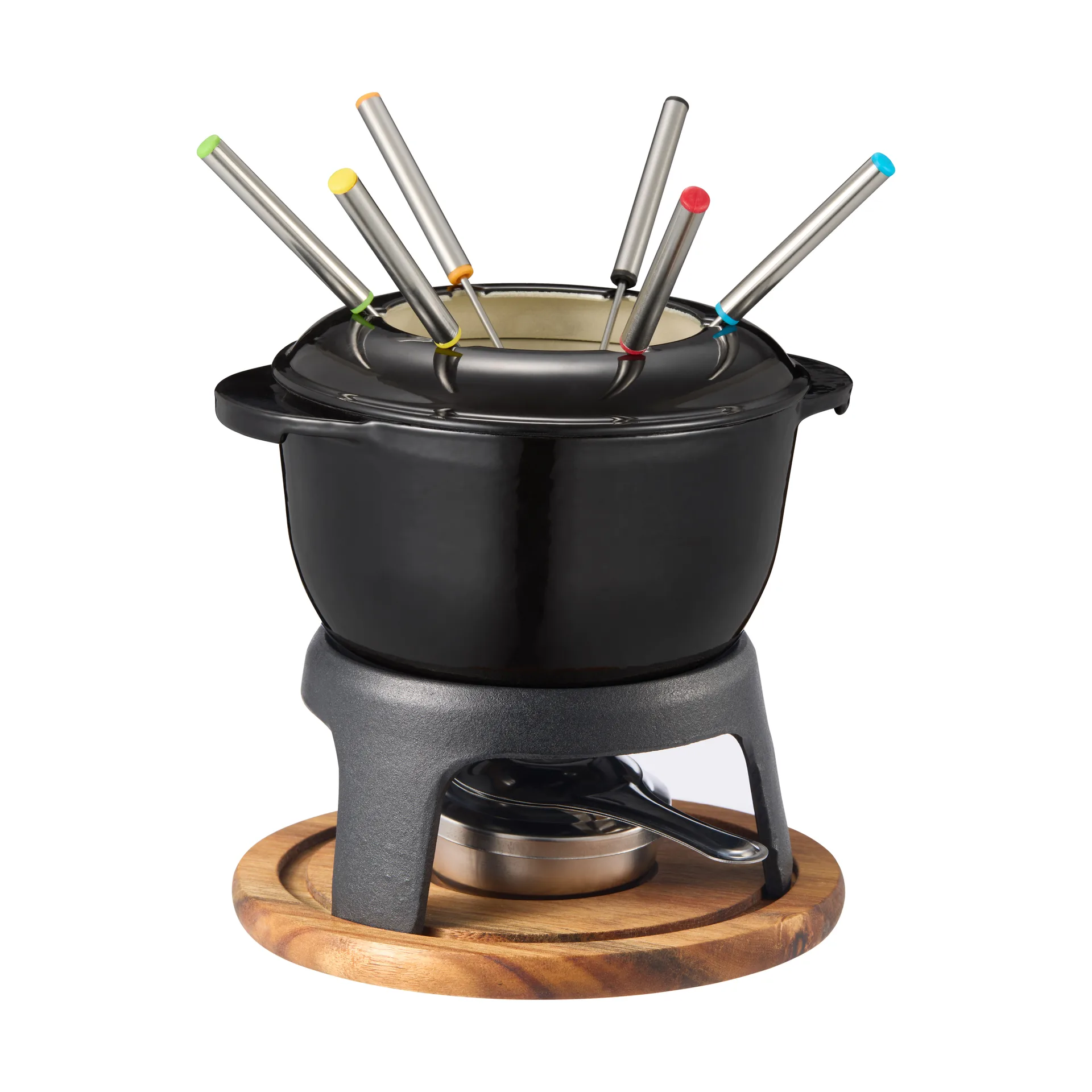 Dorre Foni Fondue støbejern emaljeret 21×18,4×9,8 cm Sort-akacie træplade