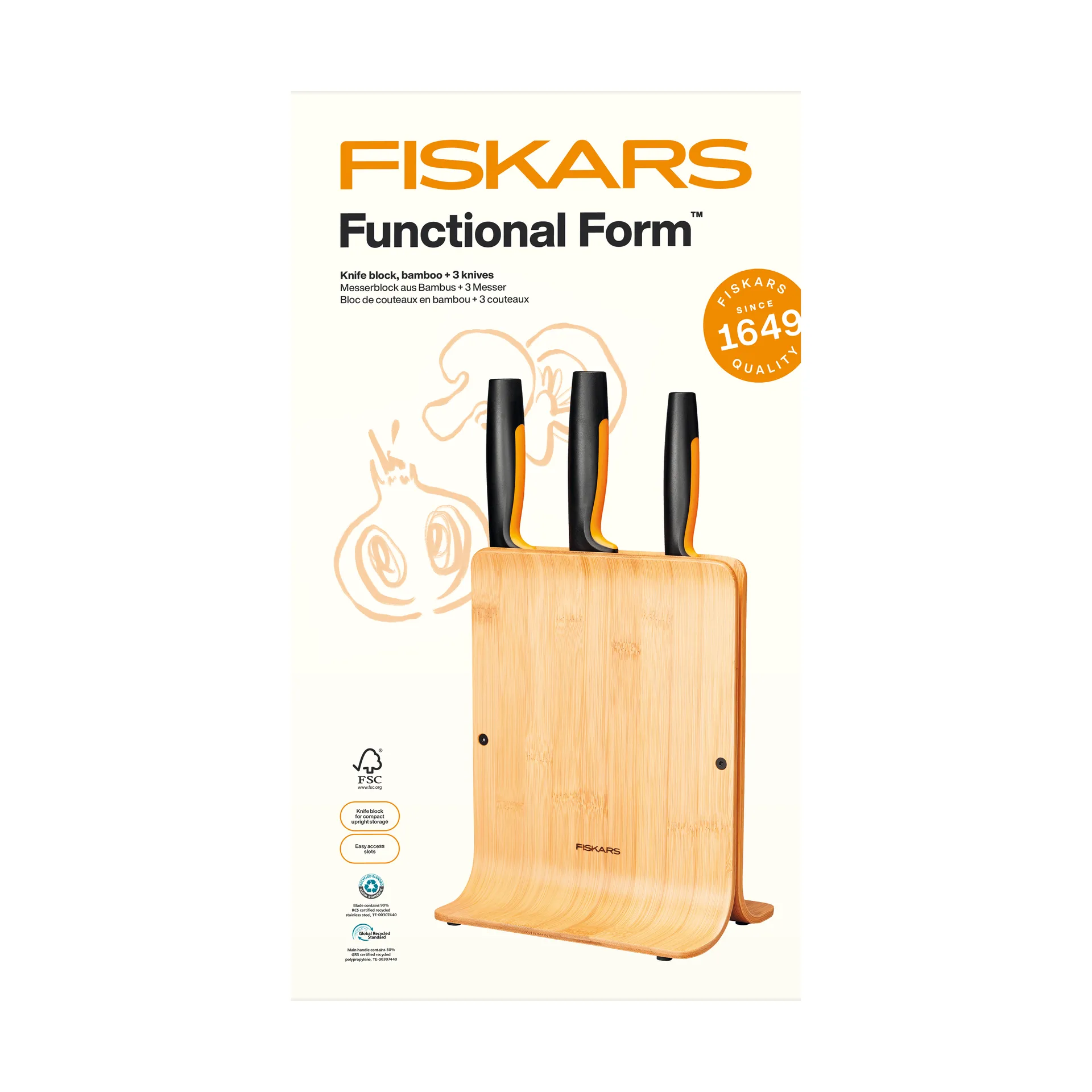 Fiskars Functional Form knivset med knivblock Bambu, 4 delar