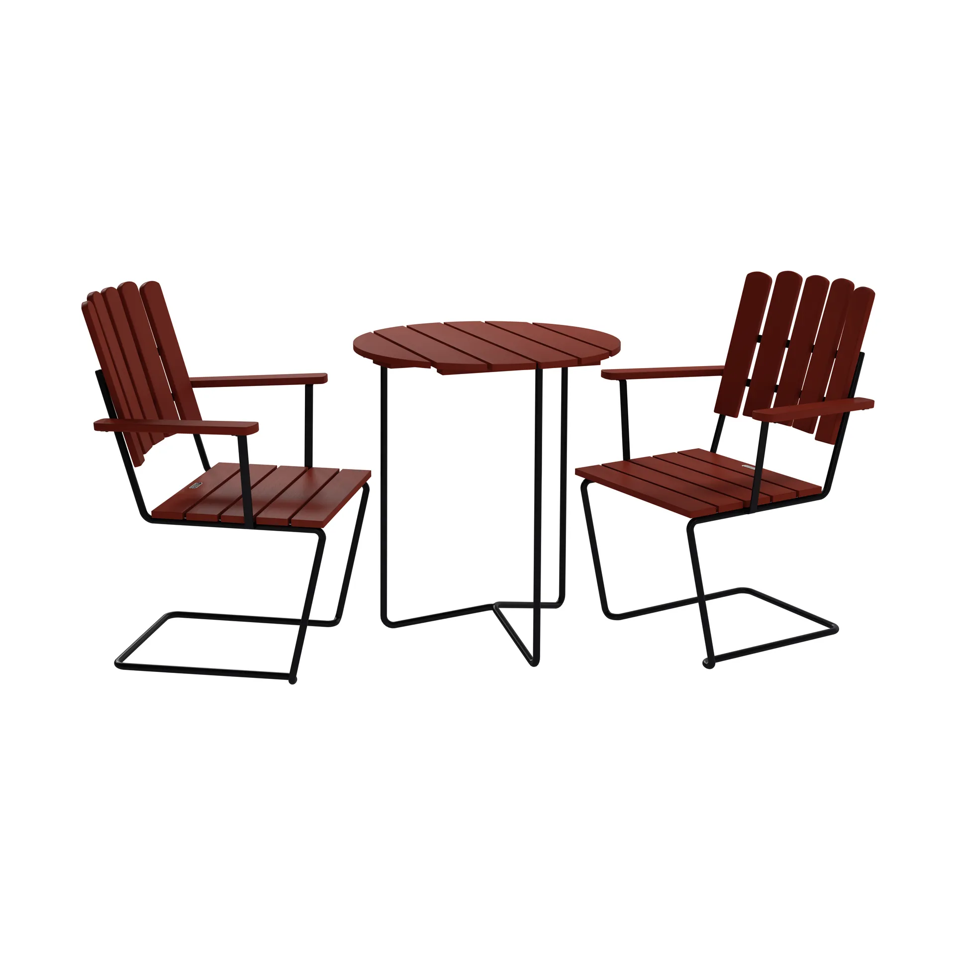 Grythyttan Stålmöbler Table 6B + 2 fauteuils A2 chêne rouge foncé-noir