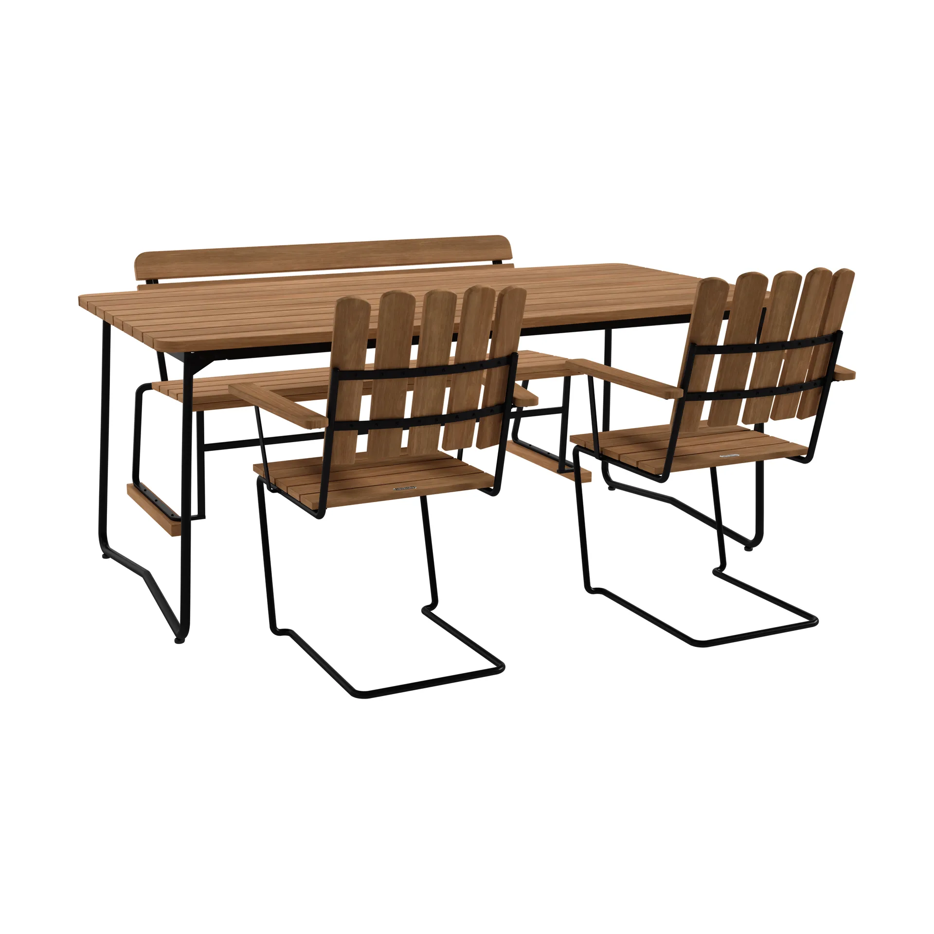 Grythyttan Stålmöbler Table B31 + 2 fauteuils A2 + canapé 3 teck-stativ noir