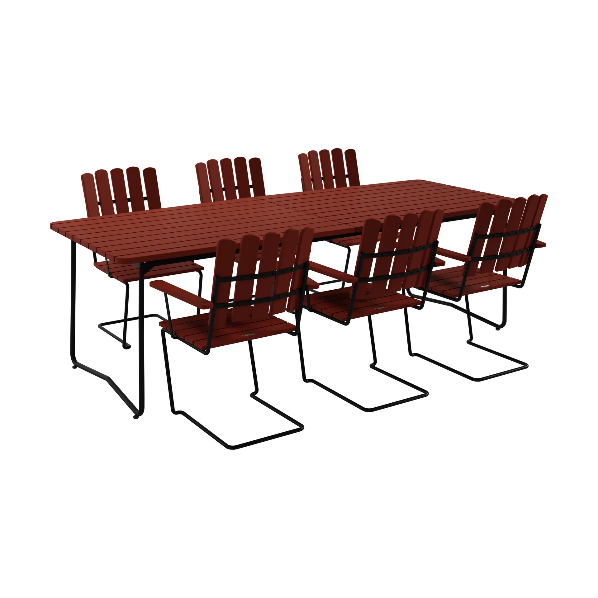 Grythyttan Stålmöbler Table B31 + 6 fauteuils A2 chêne rouge foncé-stativ noir