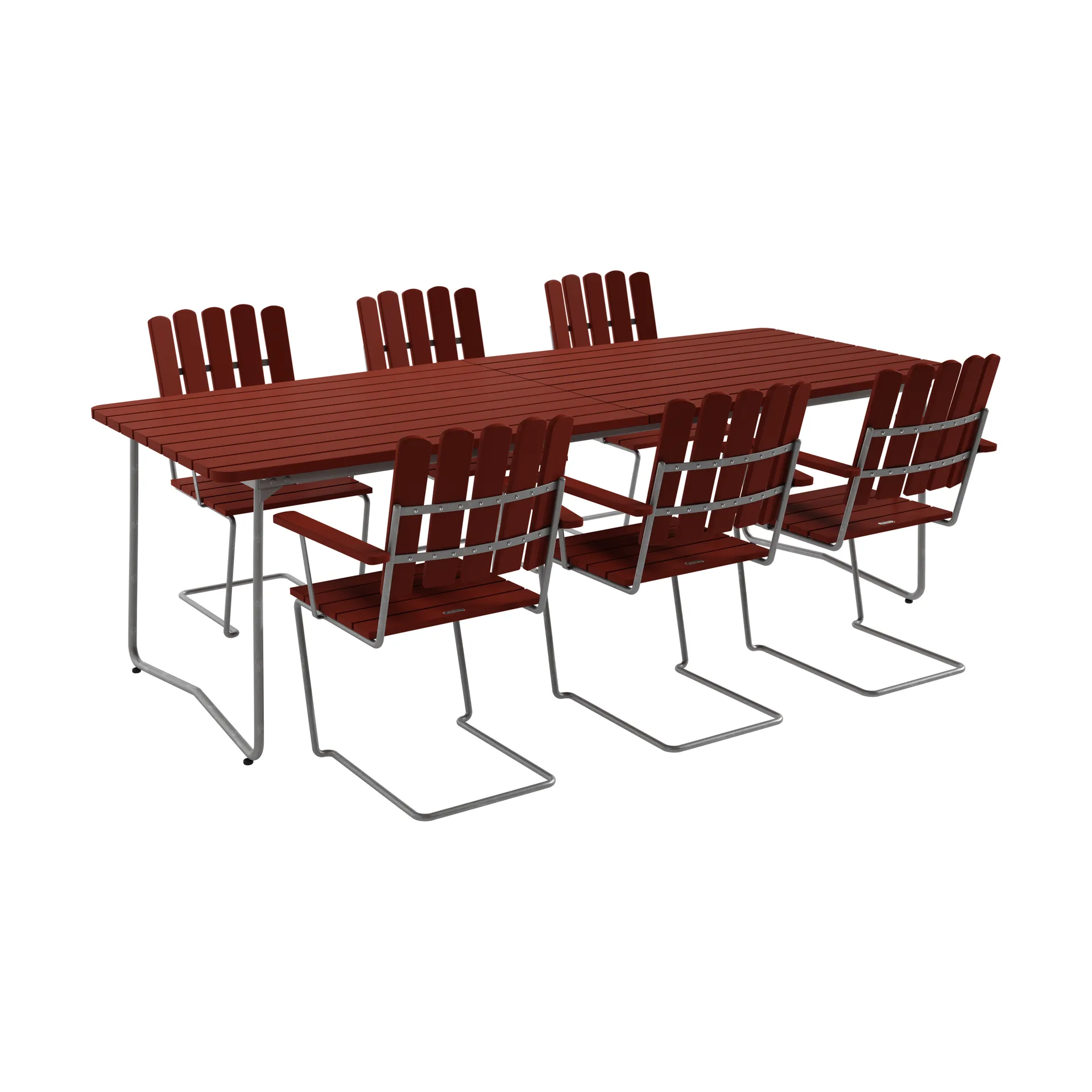 Grythyttan Stålmöbler Table B31 + 6 fauteuils A2 rouge foncé-stativ galvanisé à chaud