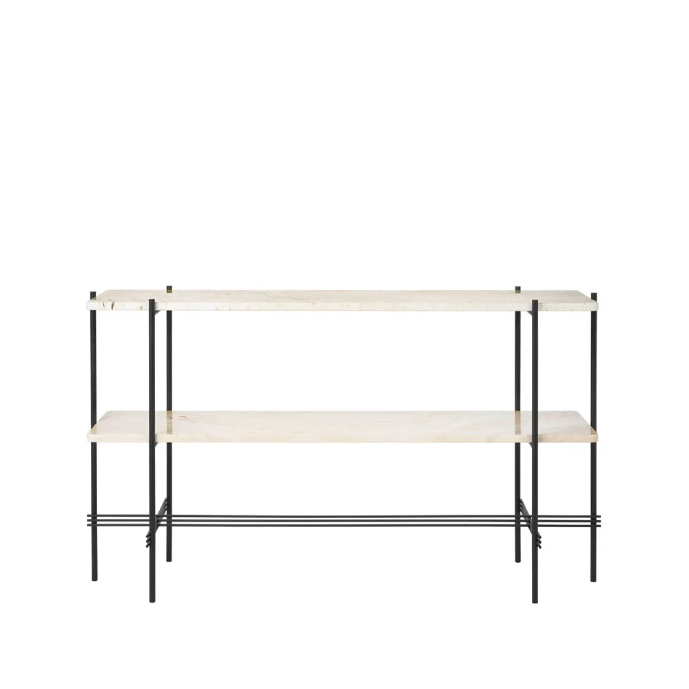GUBI Table d’appoint TS Console cm natural white travertine, structure noire, 2 étagères en marbre
