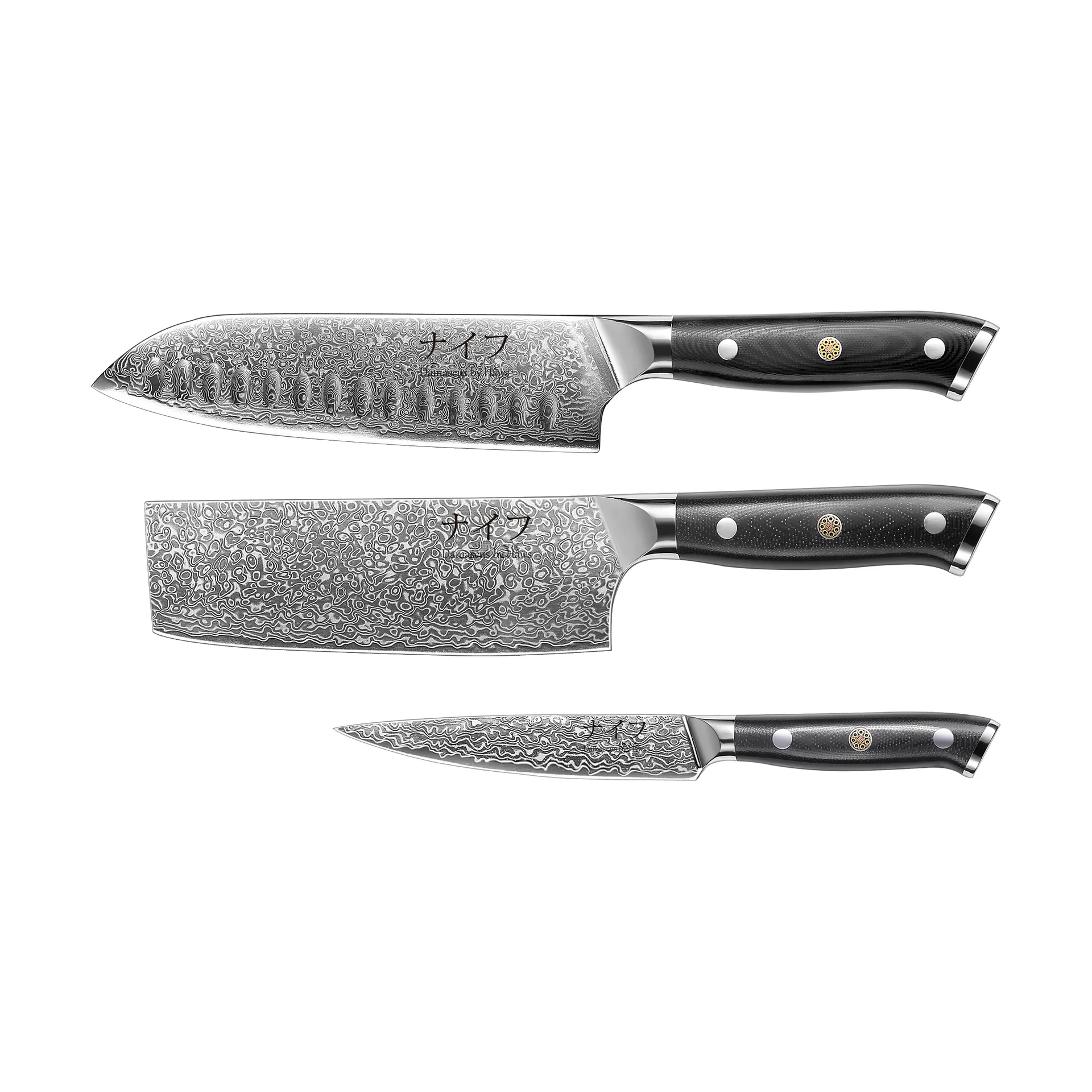 Damascus By HÃ¢ws Santoku Knife 32 Cm + Vegetable Knife 30 Cm + Utility Knife 24cm G10