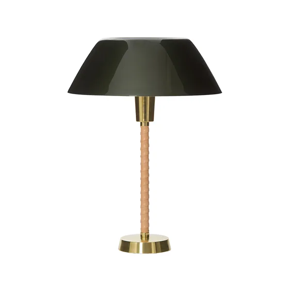 Senator bordslampa, grön, stativ i läder och mässing