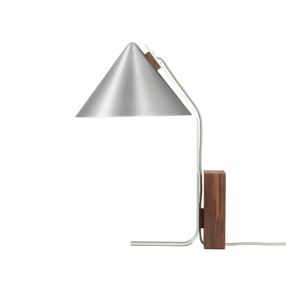 Bordlampe/Læselampe Kristina Dam Cone sølv i børstet aluminium og valnøddetræ Ø25ÃH44 cm