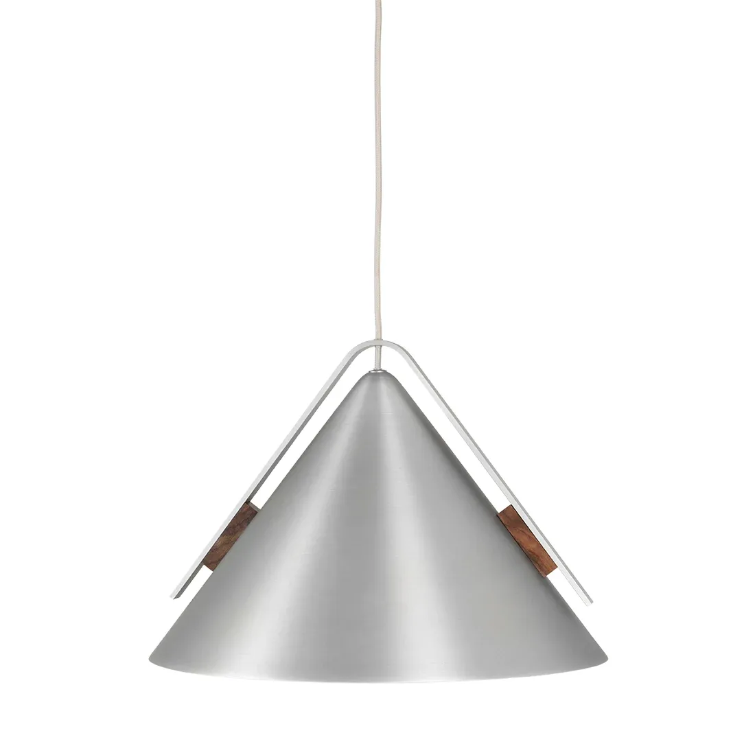 Pendellampe Kristina Dam Cone i børstet aluminium med valnøddetalje Ø40 x H30 cm, sølv