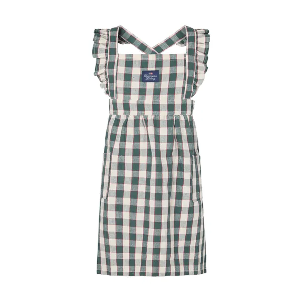 Checked cotton linen barnförkläde, Green-Light beige-red, 4-6 år