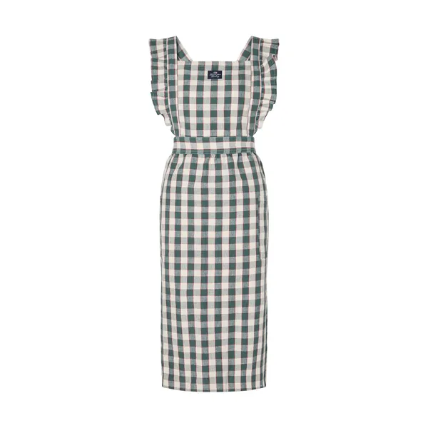 Checked cotton linen förkläde, Green-Light beige