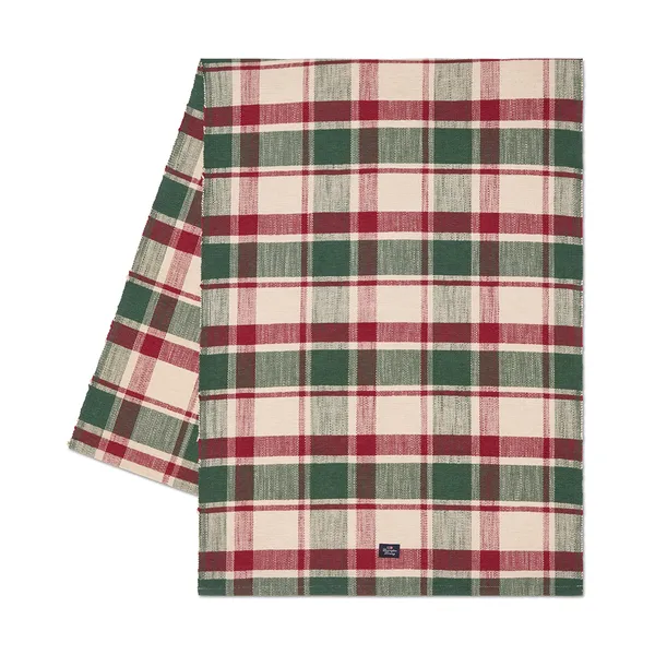 Checked ekologisk bomull löpare, Green-red-beige, 50x150 cm