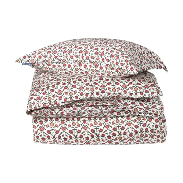 Flower printed cotton sateen bäddset, White-red-green-beige, 50x60 cm/150x210 cm