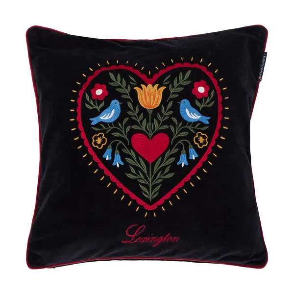 Heart ekologisk bomullssammet kuddfodral, Black-multi, 50x50 cm