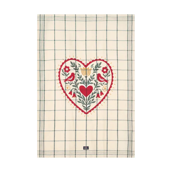 Heart linne/bomull kökshandduk, White-green-red, 50x70 cm
