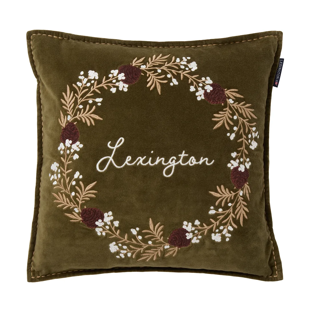 Lexington Housse de coussin Wreath coton écologique velours cm Olive-brown-white