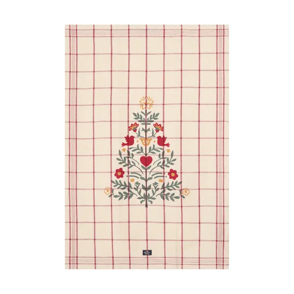 Tree linne/bomull kökshandduk, White-red-green, 50x70 cm