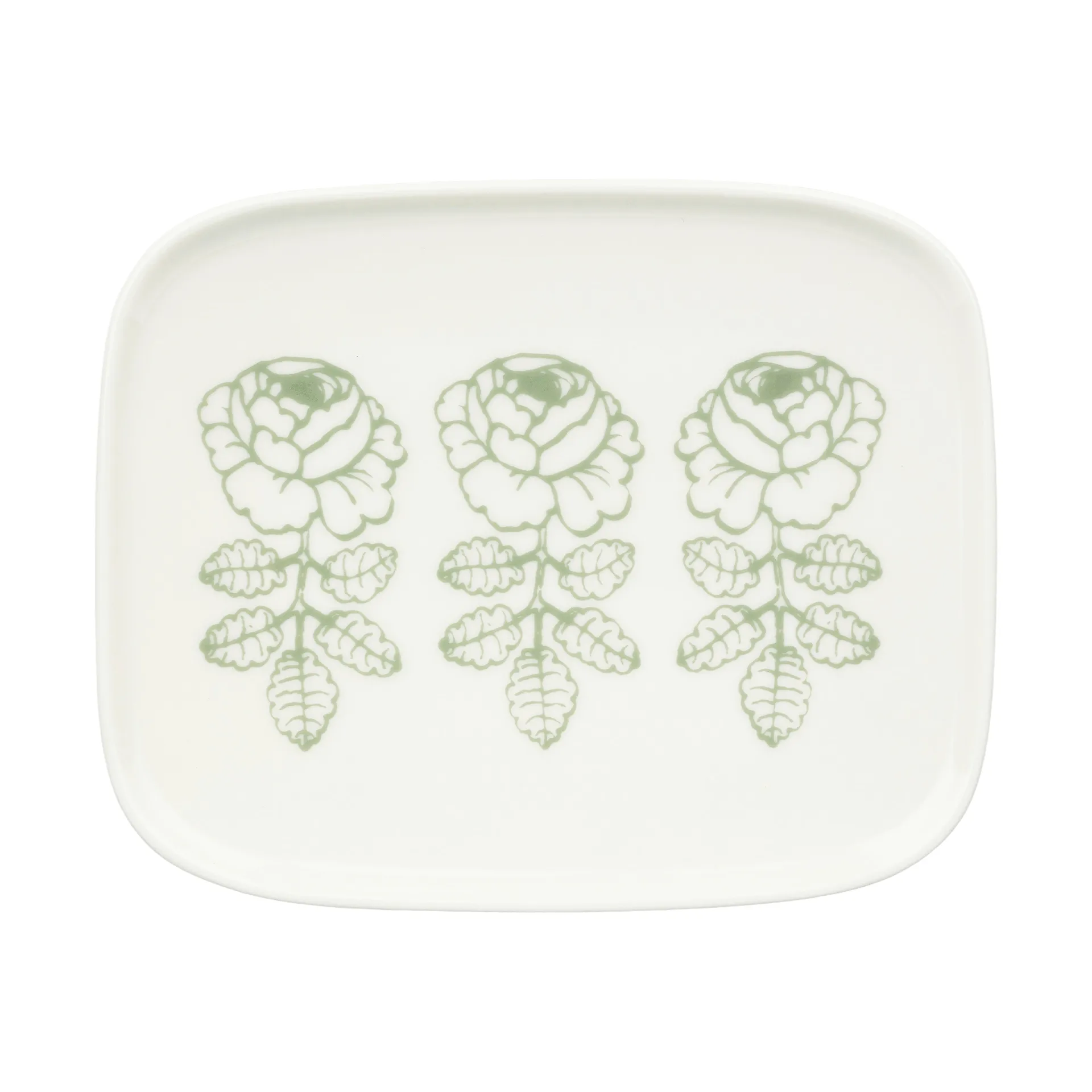 Marimekko Oiva Vihkiruusu desserttallerken White, sage, rektangulær 12x15 cm