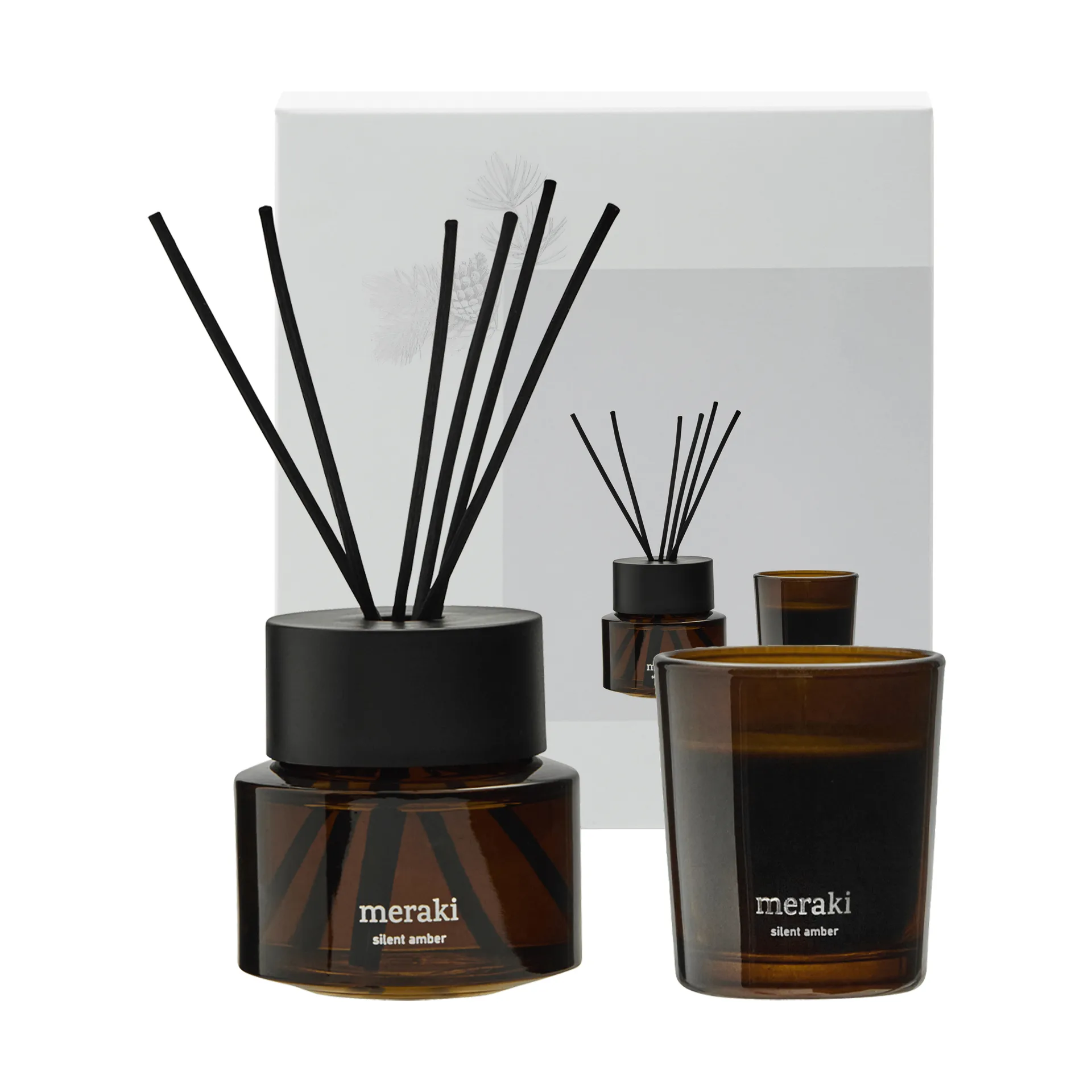 Meraki Coffret cadeau Meraki bâtonnets parfumés et bougie parfumée Silent amber