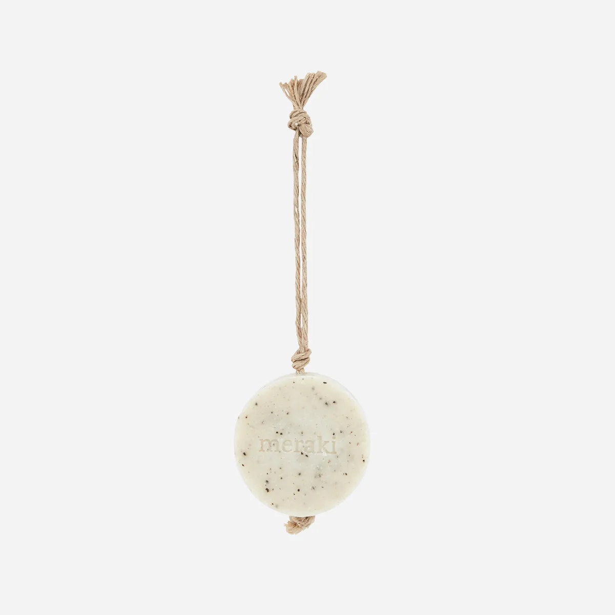 Håndsæbe Meraki Sesame Scrub - sæbebar 150 g, rund med indbygget snor, hvid