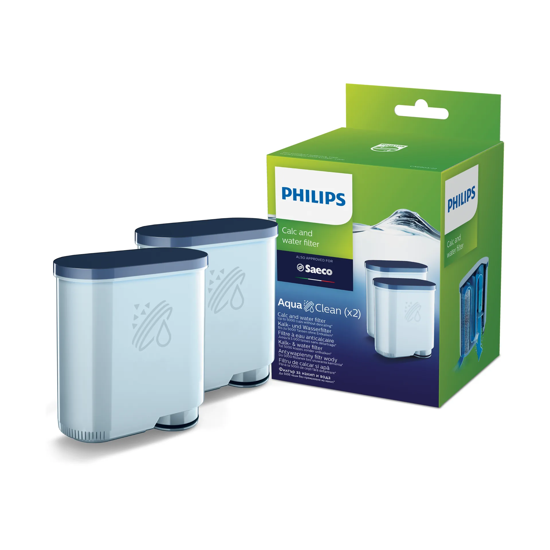 To Philips Saeco AquaClean-vandfiltre og deres grønne æske