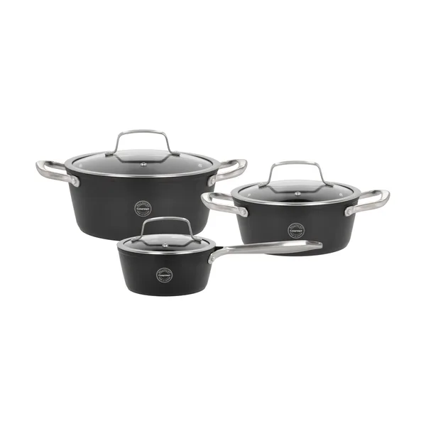 Travo grytset med glaslock 6 delar, Svart-aluminium