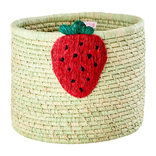 Rice raffia förvaringskorg Ø35 cm, Strawberry embroidery