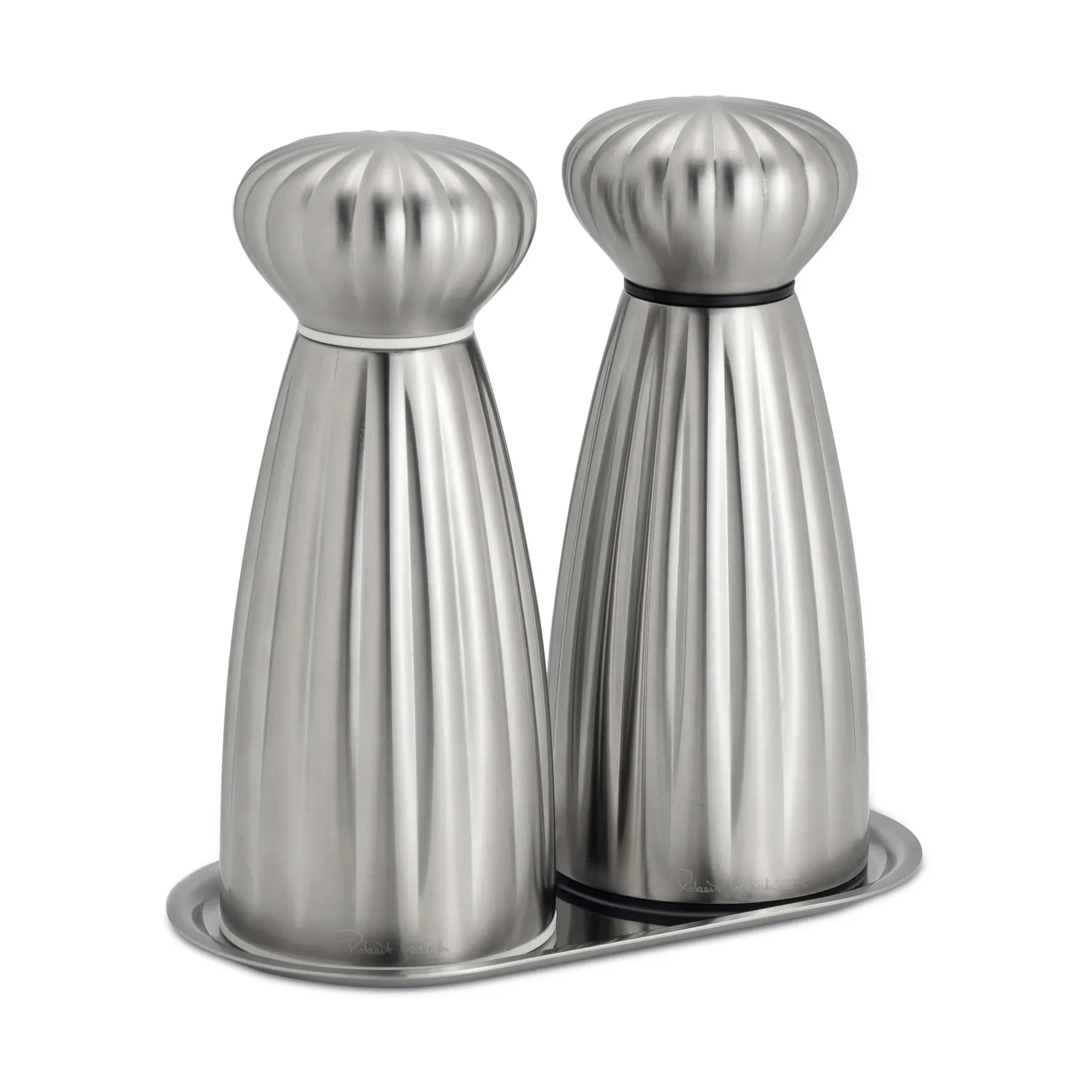 Robert Welch Palm Satin salt- og pebersæt Small-rostfrit stål, med bakke billede
