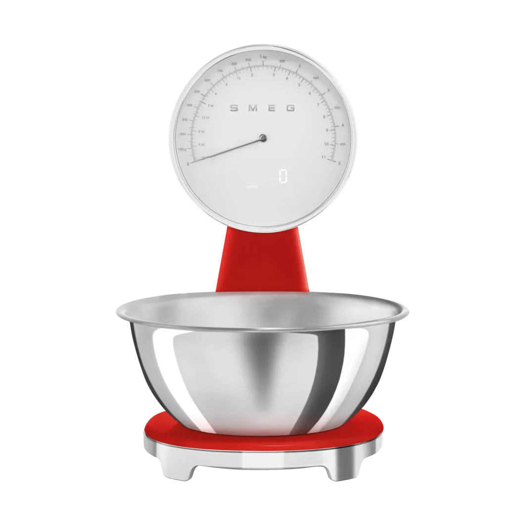 Smeg KSF01RDWW, Elektronisk køkkenvægt, 5 kg, 1 g, Rød, Plast, Silikone, Rustfrit stål, Bordplade