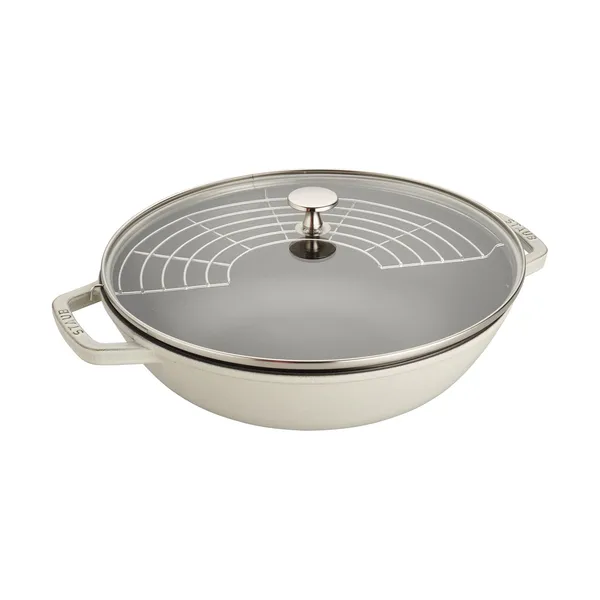 Staub wokpanna gjutjärn med glaslock Ø30 cm, White truffle