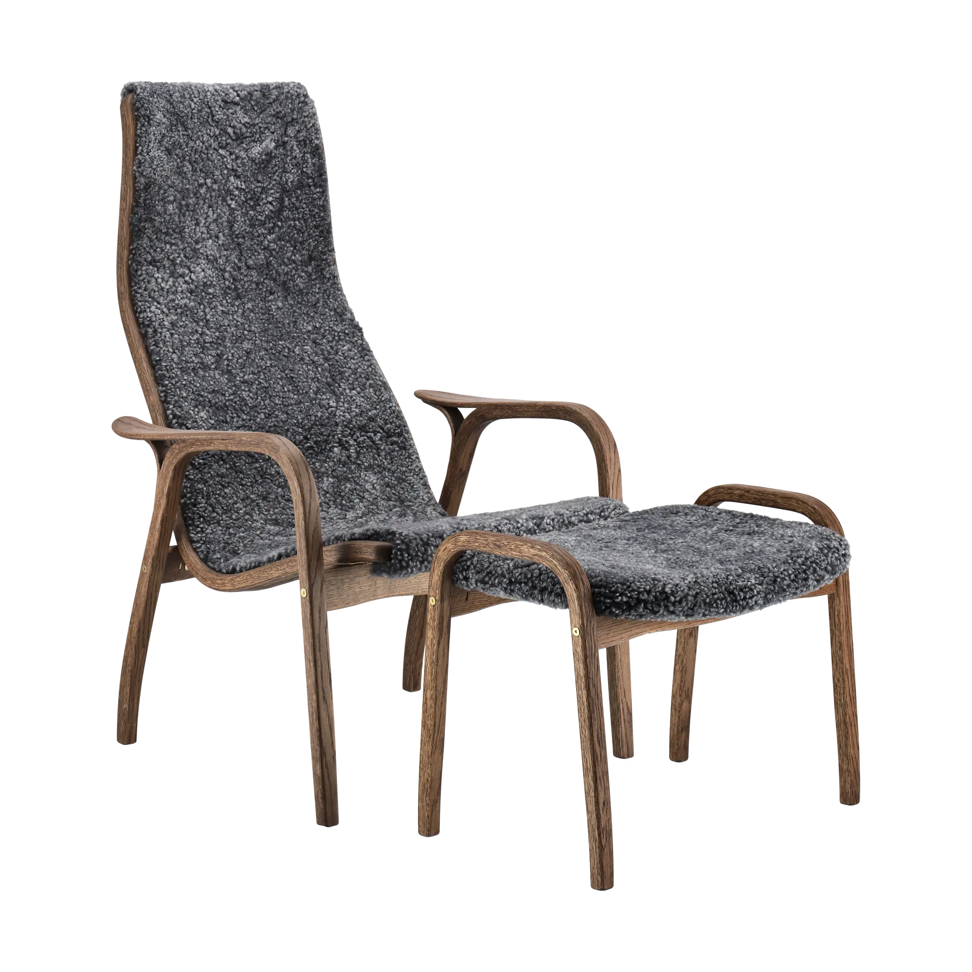 Swedese Lamino fauteuil en voetenbank eik/schapenvacht Special Edition Rubio Monocoat Chocolate-Charcoal
