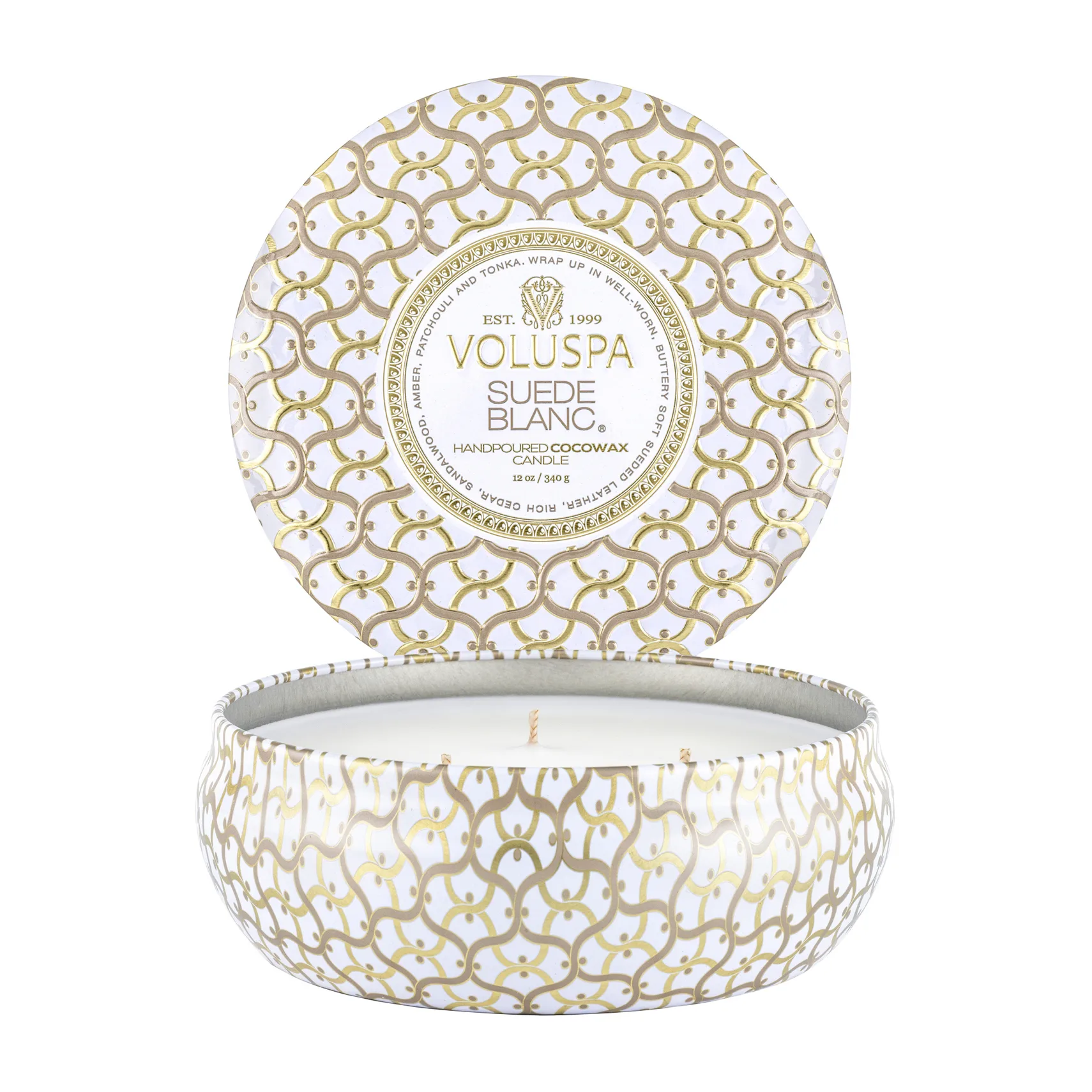 Voluspa Bougie parfumée Maison Blanc 3-wick Tin 40 heures Suede Blanc