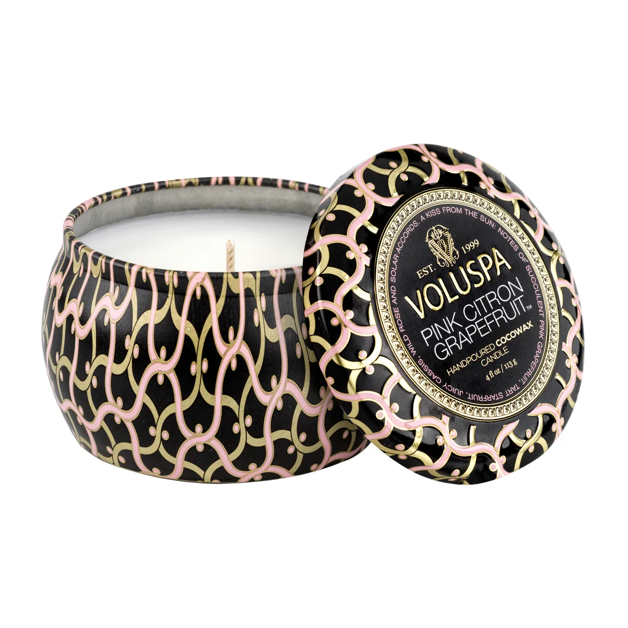 Voluspa Bougie parfumée Maison Noir Mini Tin 25 heures Pink Citron Grapefruit