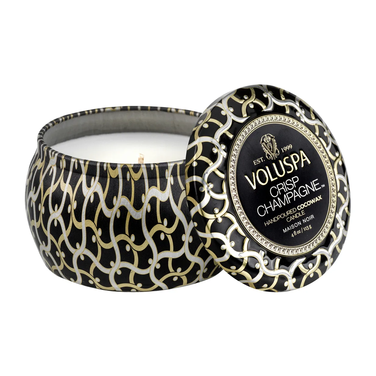 Voluspa Maison Noir Mini Tin duftlys timer Crisp Champagne